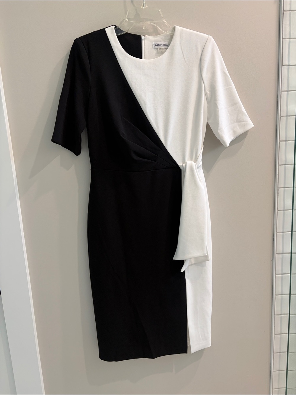 Calvin Klein Black and White Twist-Detail Midi Sheath Dress